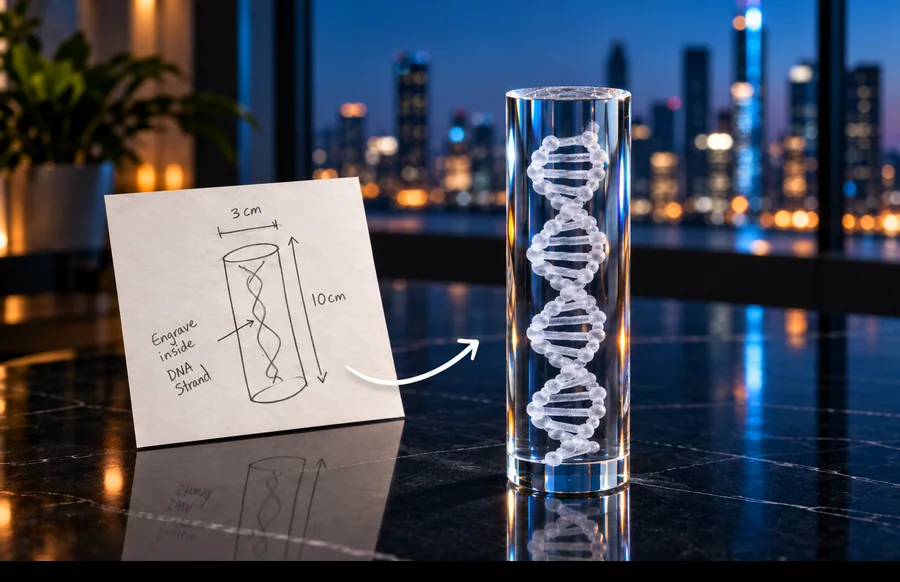 Un cristal JetCut3D découpé sur mesure à côté du dessin dont il est issu